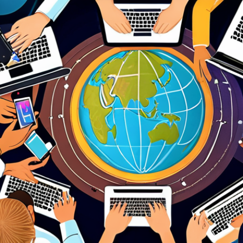 Home 4 **
A diverse group of people from around the world connecting through digital devices (phones, laptops). The background shows a globe with interconnected lines representing digital networks. Emphasis on collaboration, learning, and understanding different cultures. Visual style: Vibrant and optimistic, showcasing the positive aspects of "Global Bridging." Perhaps include a subtle Urdu architectural element in the background.
**