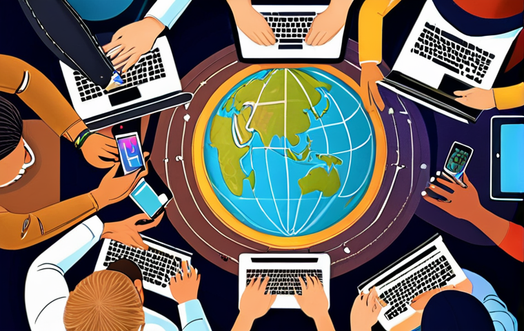 **
A diverse group of people from around the world connecting through digital devices (phones, laptops). The background shows a globe with interconnected lines representing digital networks. Emphasis on collaboration, learning, and understanding different cultures. Visual style: Vibrant and optimistic, showcasing the positive aspects of "Global Bridging." Perhaps include a subtle Urdu architectural element in the background.
**