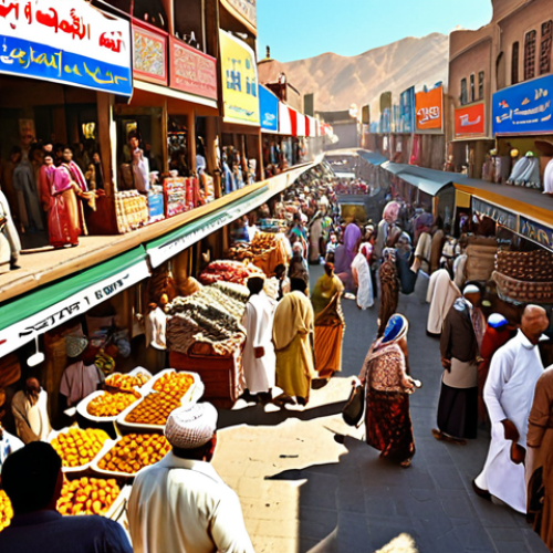 Home 25 **Prompt:** Bustling international marketplace scene, Urdu script signage prominently displayed, vendors in traditional South Asian clothing haggling over goods, diverse crowd representing global trade, vibrant colors, sunny day.
