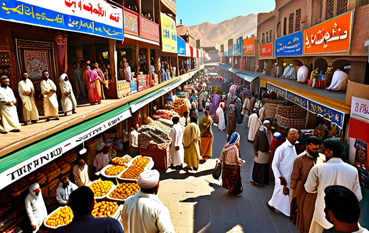 **Prompt:** Bustling international marketplace scene, Urdu script signage prominently displayed, vendors in traditional South Asian clothing haggling over goods, diverse crowd representing global trade, vibrant colors, sunny day.