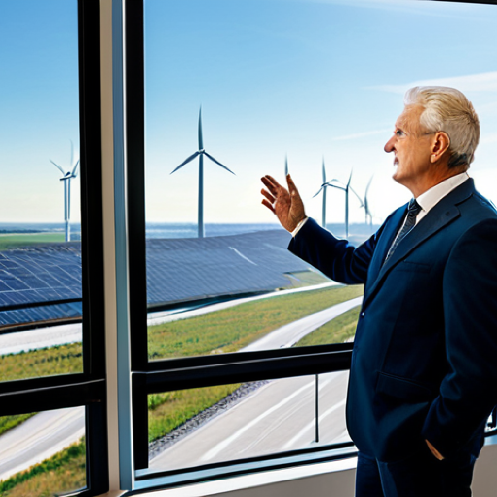 A professional, fully clothed energy consultant in modest business attire, standing in a modern, well-lit smart grid control room. Through large windows, a panoramic view showcases a transformative landscape: on one side, older, conventionally powered city infrastructure with visible power lines, and on the other, vast, gleaming solar panel arrays stretching towards the horizon, punctuated by elegant wind turbines. The scene emphasizes the transition to sustainable energy. Subtle digital interfaces on screens display real-time energy data. Perfect anatomy, correct proportions, natural pose, well-formed hands, proper finger count, natural body proportions. Professional photography, high-quality, safe for work, appropriate content, fully clothed, professional dress.