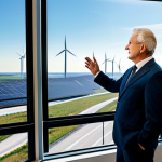 A professional, fully clothed energy consultant in modest business attire, standing in a modern, well-lit smart grid control room. Through large windows, a panoramic view showcases a transformative landscape: on one side, older, conventionally powered city infrastructure with visible power lines, and on the other, vast, gleaming solar panel arrays stretching towards the horizon, punctuated by elegant wind turbines. The scene emphasizes the transition to sustainable energy. Subtle digital interfaces on screens display real-time energy data. Perfect anatomy, correct proportions, natural pose, well-formed hands, proper finger count, natural body proportions. Professional photography, high-quality, safe for work, appropriate content, fully clothed, professional dress.
