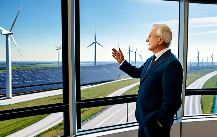 A professional, fully clothed energy consultant in modest business attire, standing in a modern, well-lit smart grid control room. Through large windows, a panoramic view showcases a transformative landscape: on one side, older, conventionally powered city infrastructure with visible power lines, and on the other, vast, gleaming solar panel arrays stretching towards the horizon, punctuated by elegant wind turbines. The scene emphasizes the transition to sustainable energy. Subtle digital interfaces on screens display real-time energy data. Perfect anatomy, correct proportions, natural pose, well-formed hands, proper finger count, natural body proportions. Professional photography, high-quality, safe for work, appropriate content, fully clothed, professional dress.