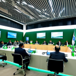 **

"A global environmental summit in Islamabad, Pakistan. Delegates from various countries, fully clothed in professional attire, are collaborating on sustainable solutions. The scene includes a modern conference hall with displays showcasing recycling technology and green energy initiatives. Safe for work, appropriate content, professional, modest, perfect anatomy, natural proportions, high quality."

**