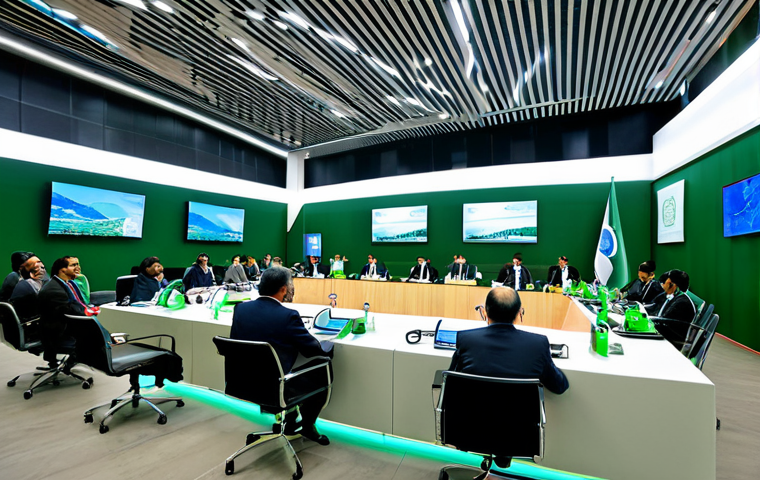 **
"A global environmental summit in Islamabad, Pakistan. Delegates from various countries, fully clothed in professional attire, are collaborating on sustainable solutions. The scene includes a modern conference hall with displays showcasing recycling technology and green energy initiatives. Safe for work, appropriate content, professional, modest, perfect anatomy, natural proportions, high quality."
**