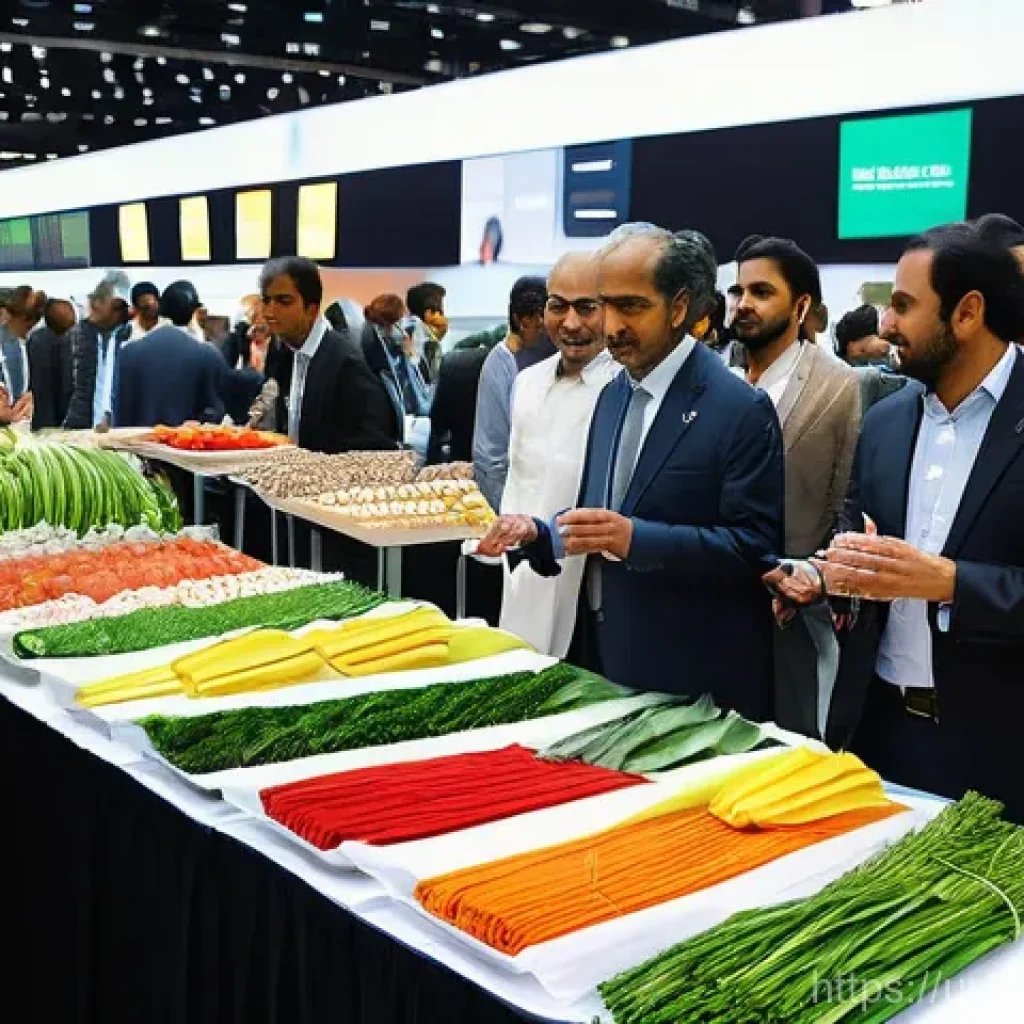 글로벌브릿지 정책 - **Prompt:** A bustling, vibrant global trade fair, set in a modern convention center. Diverse indivi...