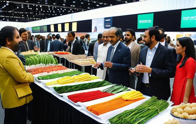 글로벌브릿지 정책 - **Prompt:** A bustling, vibrant global trade fair, set in a modern convention center. Diverse indivi...