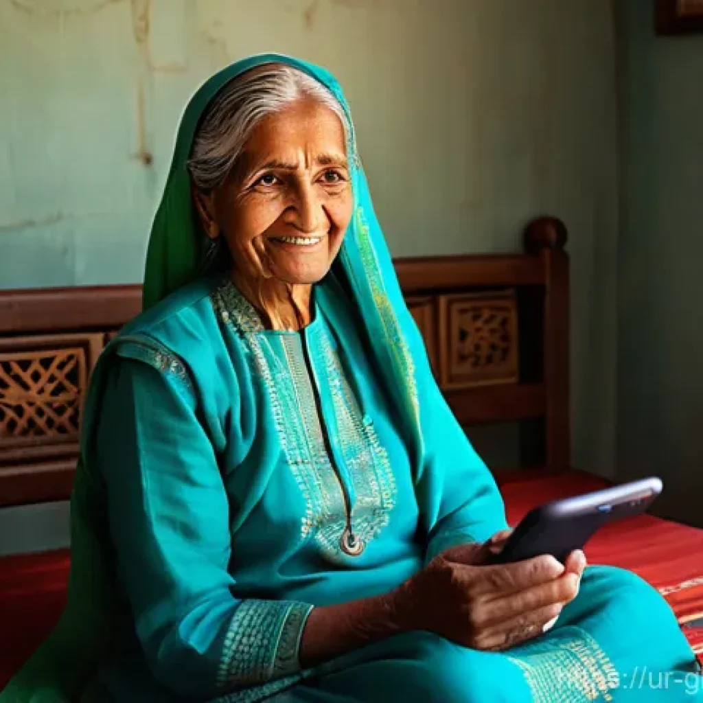 글로벌브릿지와 혁신적 커뮤니케이션 - **Prompt:** A heartwarming scene depicting an elderly South Asian woman, dressed in a modest, tradit...