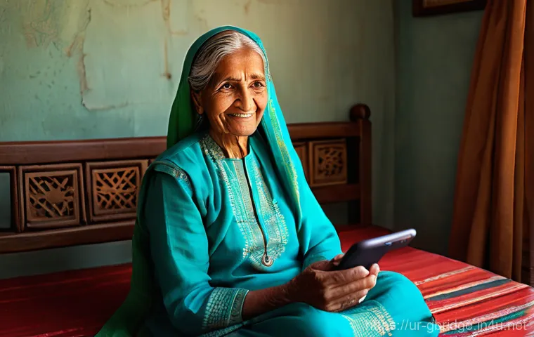 글로벌브릿지와 혁신적 커뮤니케이션 - **Prompt:** A heartwarming scene depicting an elderly South Asian woman, dressed in a modest, tradit...