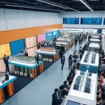 글로벌브릿지와 외교적 관계 - **Prompt:** An inspiring, high-angle shot of a bustling, futuristic global marketplace. Diverse indi...