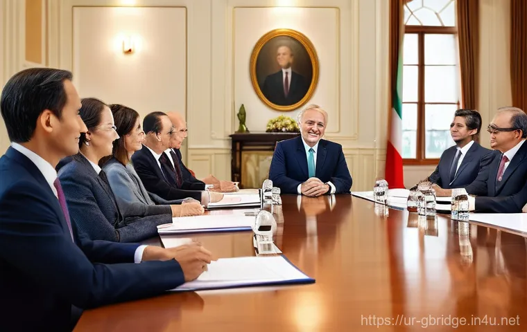 글로벌브릿지와 외교적 관계 - **Prompt:** An inspiring, high-angle shot of a bustling, futuristic global marketplace. Diverse indi...