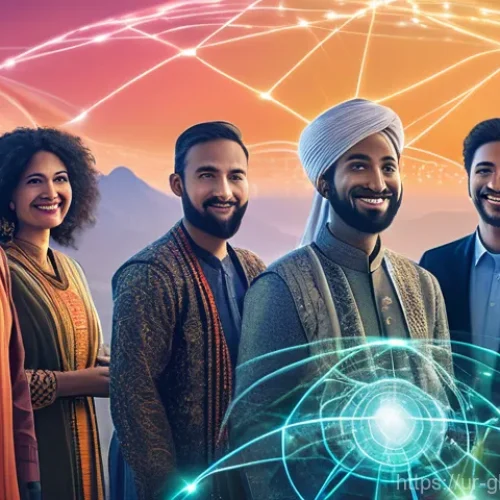 Home 29 글로벌브릿지와 인공지능 AI - **A vibrant, panoramic view of a diverse group of people from around the globe, interconnected by gl...