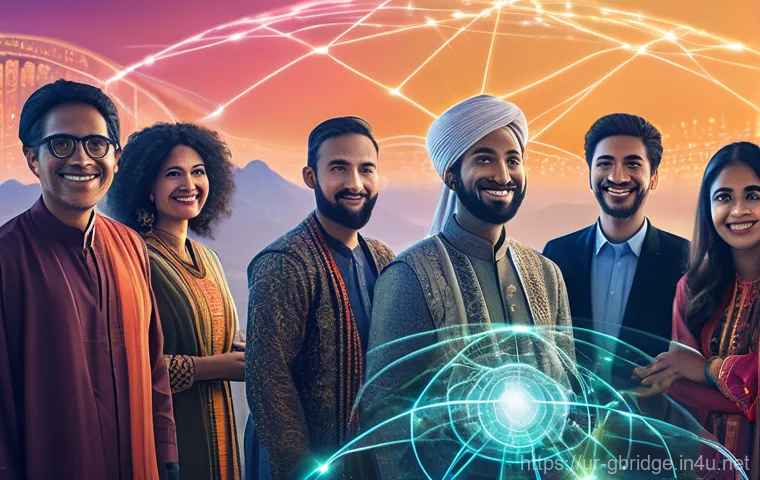 글로벌브릿지와 인공지능 AI - **A vibrant, panoramic view of a diverse group of people from around the globe, interconnected by gl...