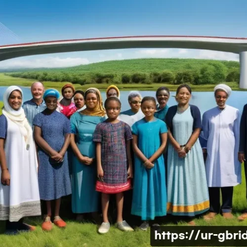 Home 27 글로벌브릿지와 지구촌 문제 해결 - **Prompt 1: "The Global Bridge of Unity"**
"A wide-angle shot of a diverse group of people from ...